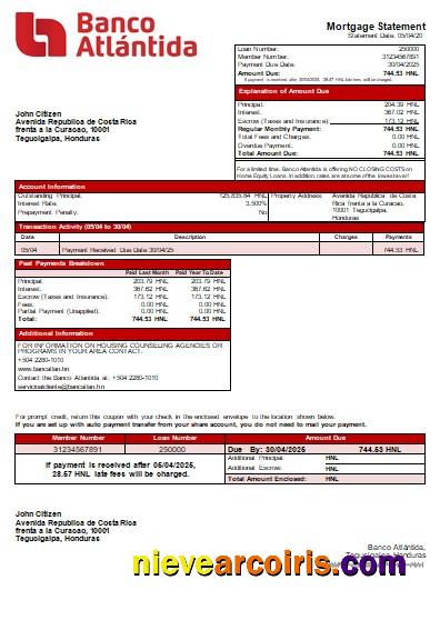 Honduras Banco Atlantida Bank bank mortgage statement